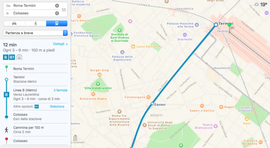 Le indicazioni per i trasporti pubblici di Apple arrivano a Roma