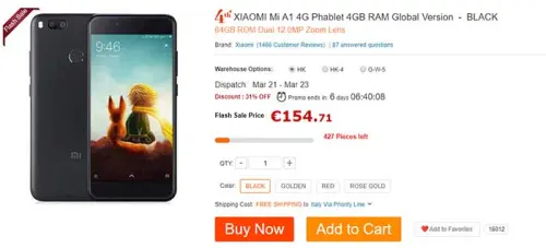 Super prezzo Xiaomi Mi A1 su Gearbest