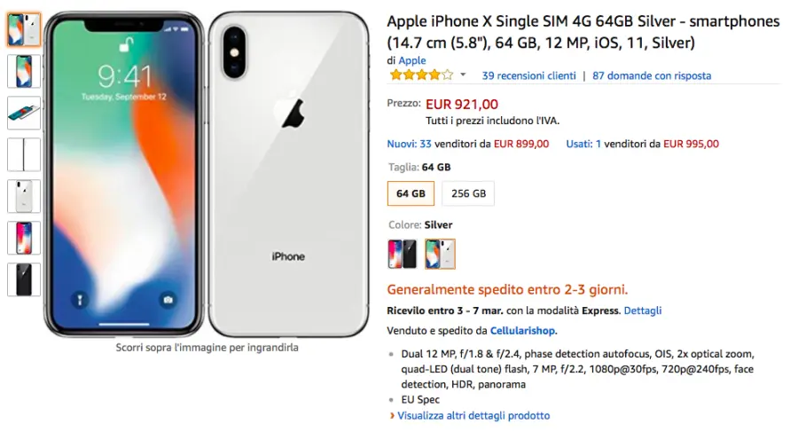 iPhone X da 64 GB in offerta a 920,00€ su Amazon