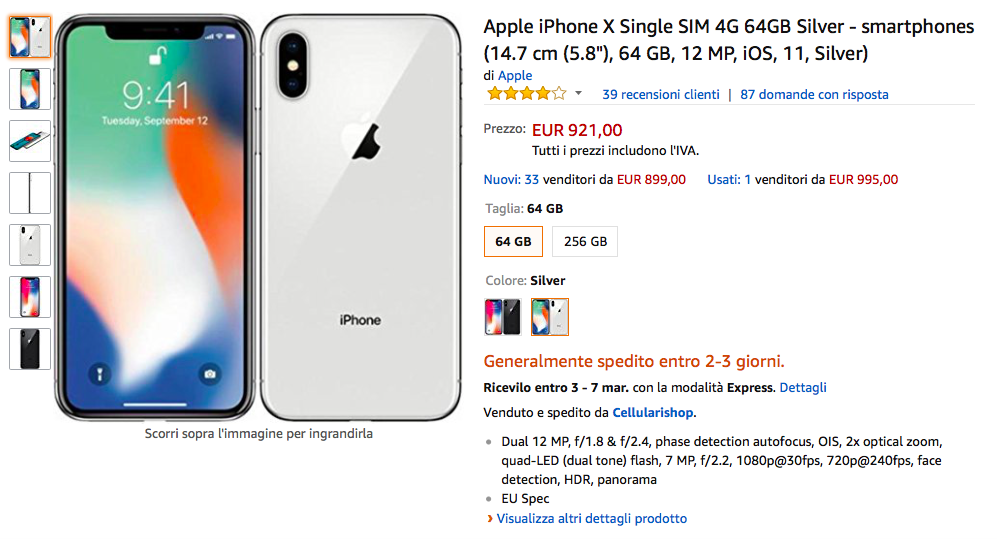 iPhone X da 64 GB in offerta a 920,00€ su Amazon