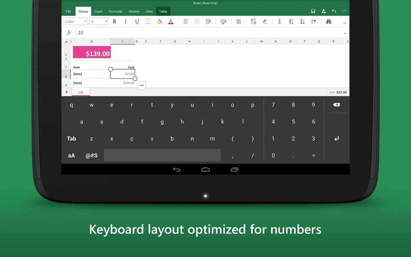 Keyboard for Excel
