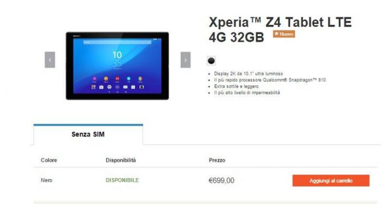 Xperia Z4 Tablet LTE 4G 32GB disponibile anche in Italia