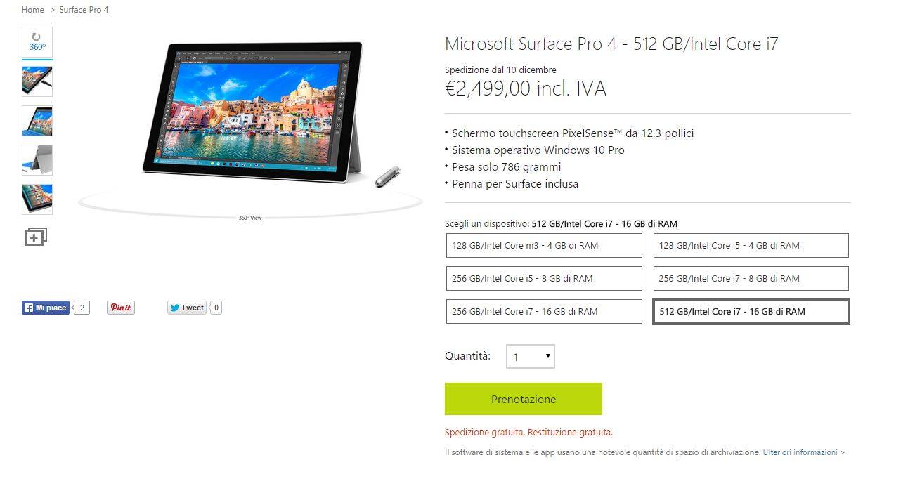 surface pro 4 in italia