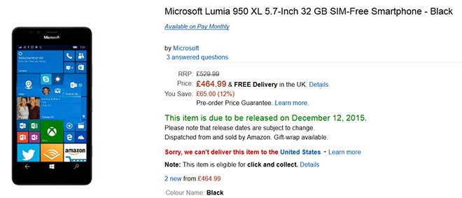 Amazon UK taglia il prezzo del Lumia 950 XL