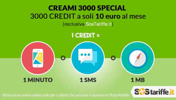 Tariffa in esclusiva su SosTariffe.it: CREAMI 3000 SPECIAL di PosteMobile