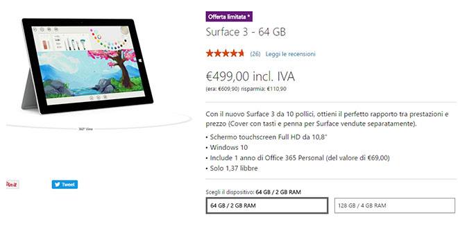 Offerta Surface 3 Microsoft Store