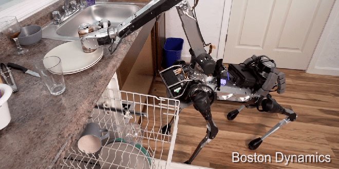 SpotMini, il robot giraffa di Boston Dynamics che pulisce e inciampa