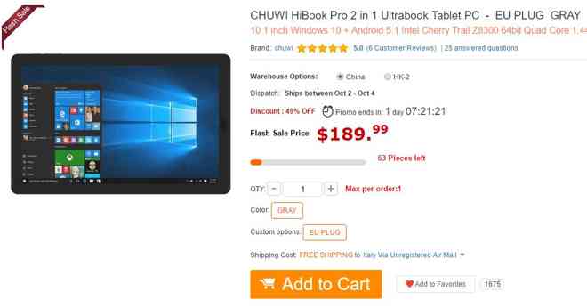 Gearbest coupon: CHUWI HiBook Pro 2 in 1 in offerta lampo a 190$