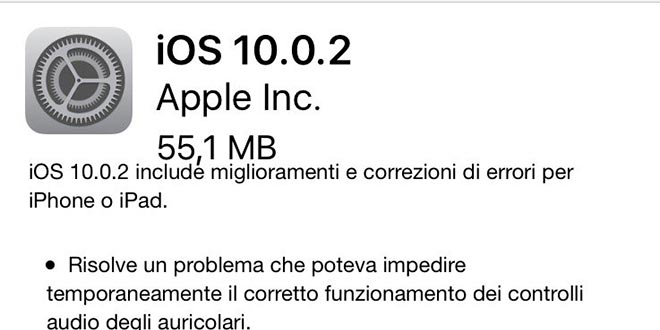 aggiornamento iOS 10.0.2