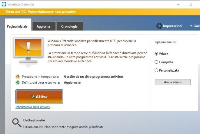 Utilizzare Windows Defender con un altro antivirus per ulteriore protezione