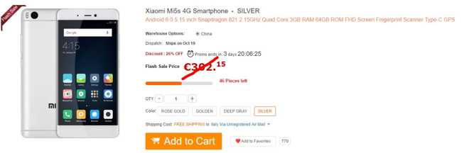 Gearbest coupon: Xiaomi Mi5S in offerta a 296 euro