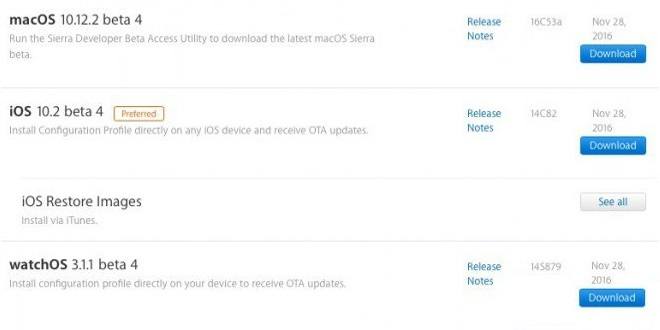 Apple rilascia la quarta beta di iOS 10.2, macOS 10.12.2 e watchOS 3.1.1