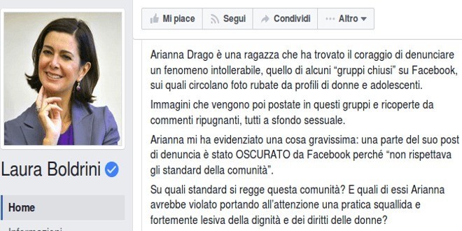 Boldrini VS Facebook: “censura chi denuncia”