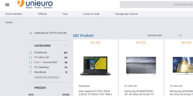 Offerta Unieuro: da oggi a domenica niente IVA su TV e Notebook