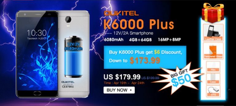 Nuova offerta OUKITEL K6000 Plus, a soli 173,99$ con pack bonus in regalo da 50$