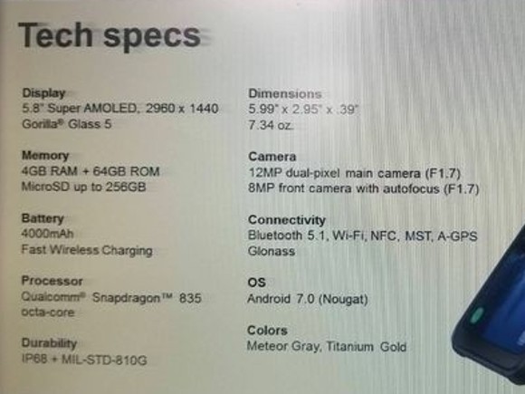 Samsung Galaxy S8 Active, le specifiche tecniche del top gamma confermate da un'immagine, display da 5,8