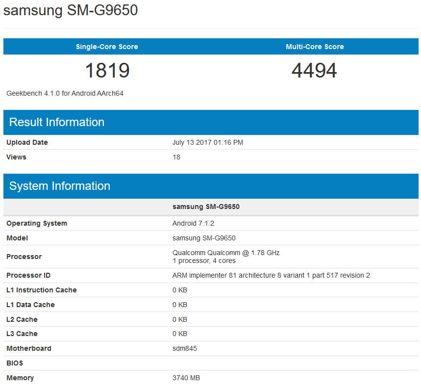 GeekBench Galaxy S8 Lite