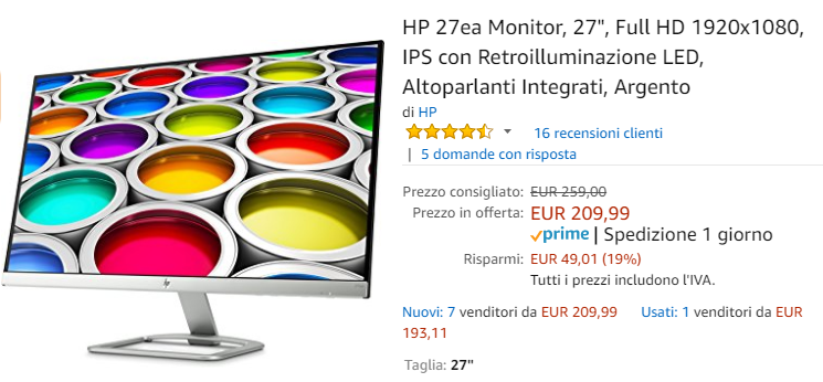 Offerta monitor su Amazon: HP Full HD da 27 pollici ad un prezzo super