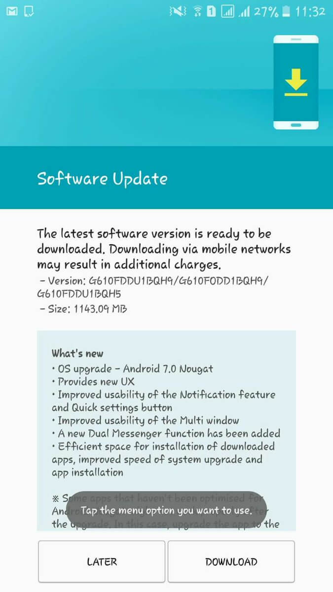 Aggiornamento Android Nougat per Galaxy J7 Prime