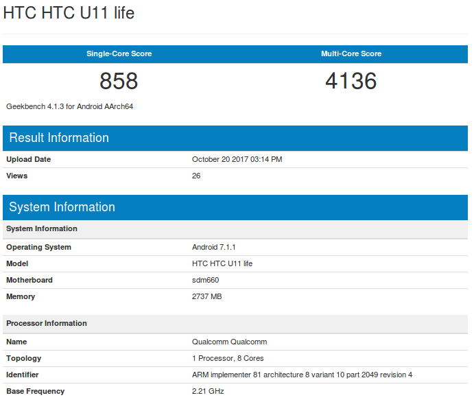 HTC U11 Life - Geekbench