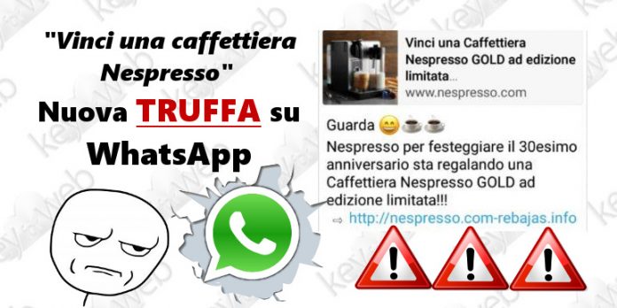 Vinci una caffettiera Nespresso, nuova truffa su WhatsApp