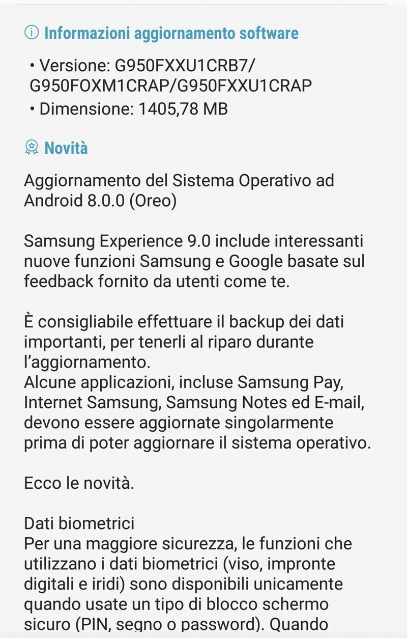 oreo per galaxy s8