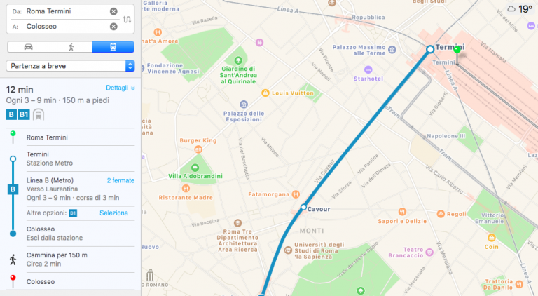Le indicazioni per i trasporti pubblici di Apple arrivano a Roma