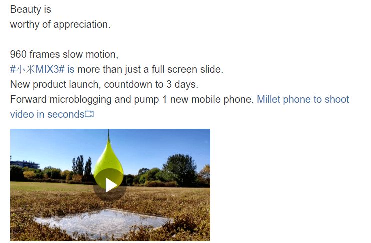 Immagine post su Weibo di Xiaomi sulla cattura video slow motion a 960fps Mi-Mix-3-slow-mo-official-weibo