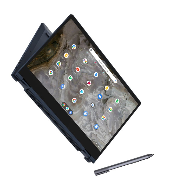 Lenovo IdeaPad Flex 5i Chromebook_13in_Abyss_Blue_Between_Tablet_and_Tent_Mode_with_Pen